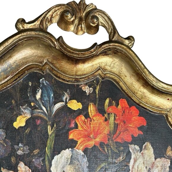 70s Vintage Italian Ornate Still Life Floral Gold Gilt Hard Plastic Serving Tray - Picture 3 of 10